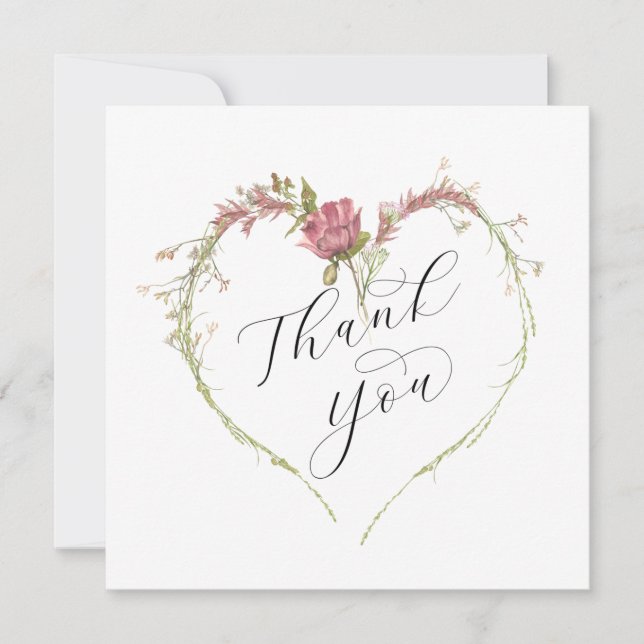 Carte De Remerciements Script de calligraphie du coeur floral réfléchi (Devant)