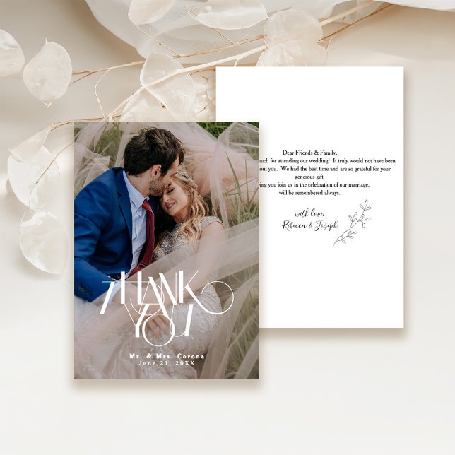 Carte De Remerciements Script de calligraphie photo moderne Mariage minim (Créateur téléchargé)