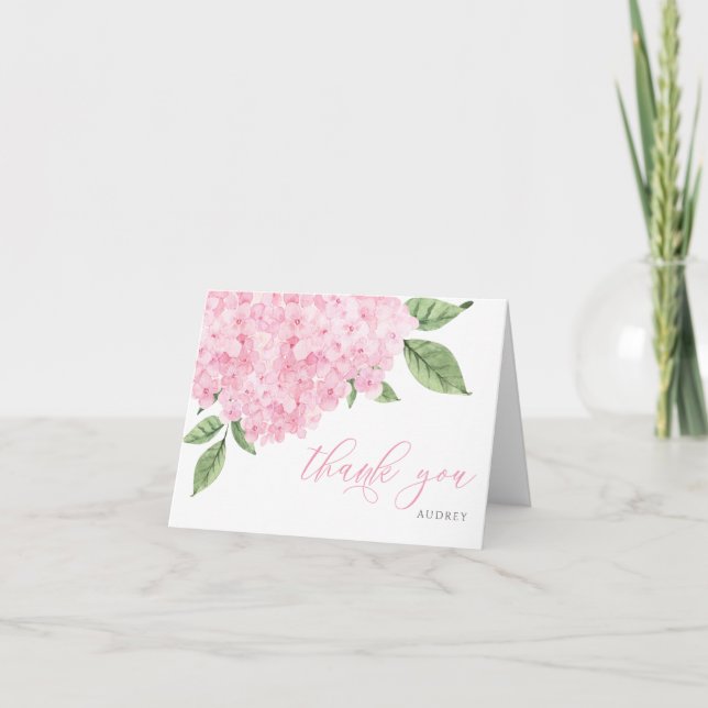Carte De Remerciements Script de fleurs d'aquarelle d'Hydrangea rose (Devant)