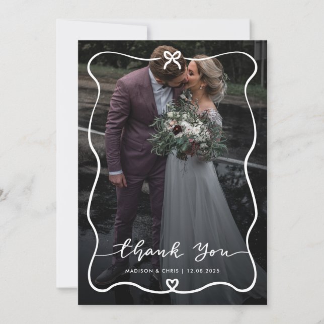 Carte De Remerciements Script de remerciement Photo de mariage Ruban Cœur (Devant)