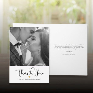 Carte De Remerciements Script élégant moderne Gold Heart Mariage photo