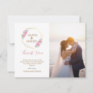 Carte De Remerciements Script Floral rose et Faux or   Mariage photo
