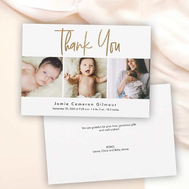 Carte De Remerciements Script Gold moderne Custom 3 photo Baby (Simple 3 baby photos thank you card.)