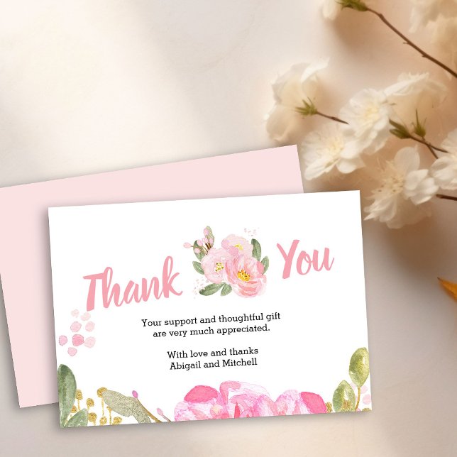 Carte De Remerciements Script manuscrit rose et gras (Pretty pink floral Thank you card)