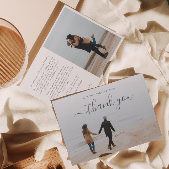 Carte De Remerciements Script minimal simple avec 2 mariage photo collage (Créateur téléchargé)