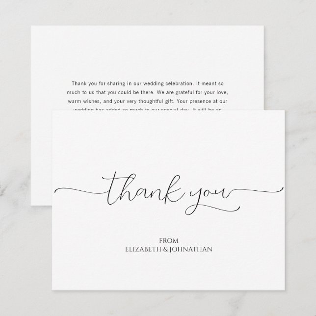 Carte De Remerciements Script minimal simple Mariage noir et blanc (Devant / Derrière)