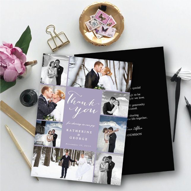 Carte De Remerciements Script moderne 8 Multi Photo Mariage violet élégan (Modern Classy Script 8 Multi Photo Collage Stylish Wedding Thank You Card @ fatfatin_blue_knot)