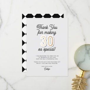 Carte De Remerciements Script moderne Black & Gold 30e anniversaire
