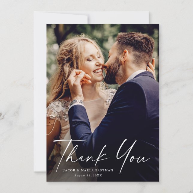 Carte De Remerciements Script Moderne Chic Minimaliste Photo Mariage (Devant)