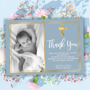 Carte De Remerciements Script moderne Cross Dusty Baptême Bleu Dusty Phot