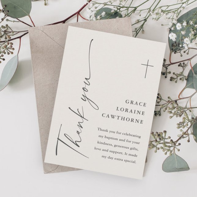 Carte De Remerciements Script moderne élégant Genre Baptême neutre (Modern Script Gender Neutral Baptism Thank You Cards.)