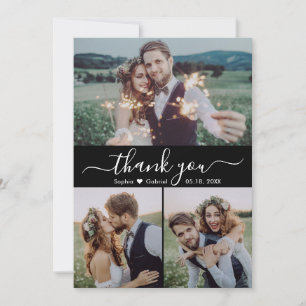 Carte De Remerciements Script moderne Heart Photo Collage Mariage noir