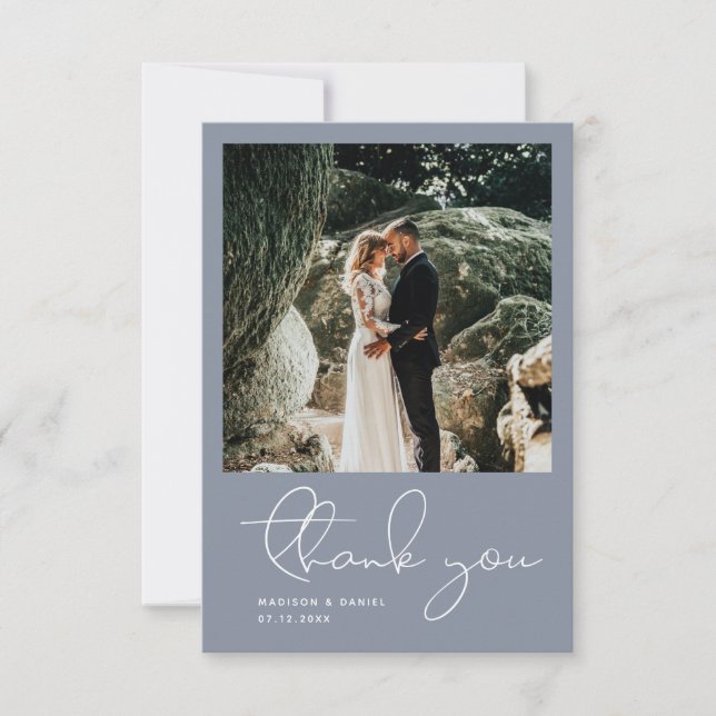 Carte De Remerciements Script moderne minimaliste photo Mariage bleu simp (Devant)