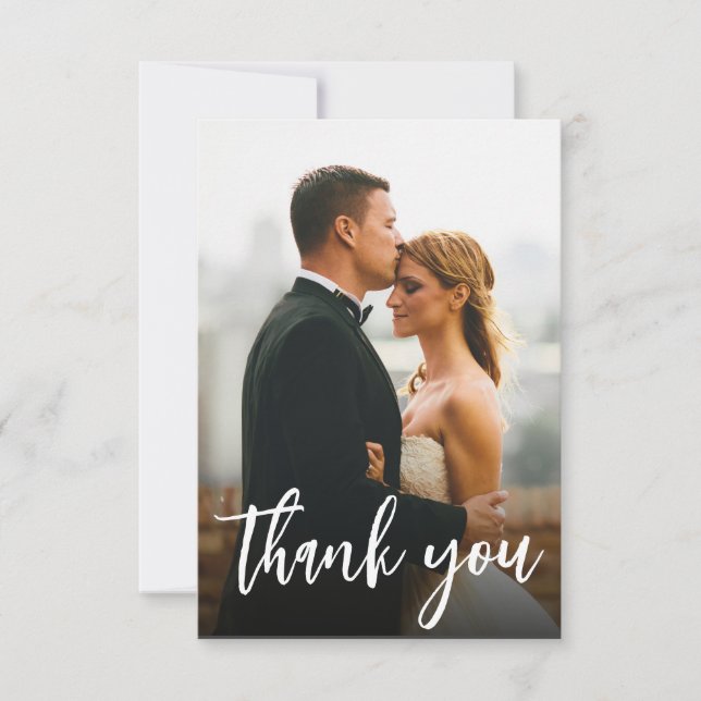 Carte De Remerciements Script moderne Personnalisé 2 Photos Mariages (Devant)