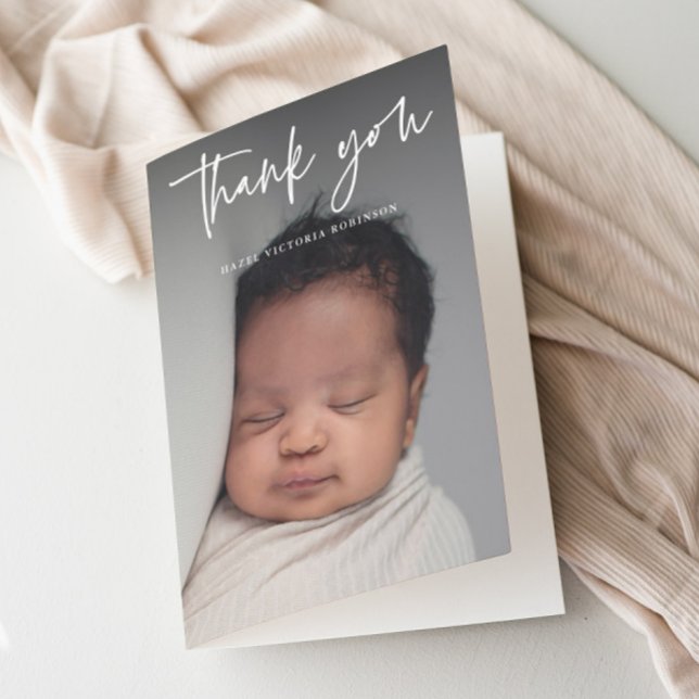 Carte De Remerciements Script moderne Photo religieuse Baptême (Modern script typography overlay photo baptism thank you card.)