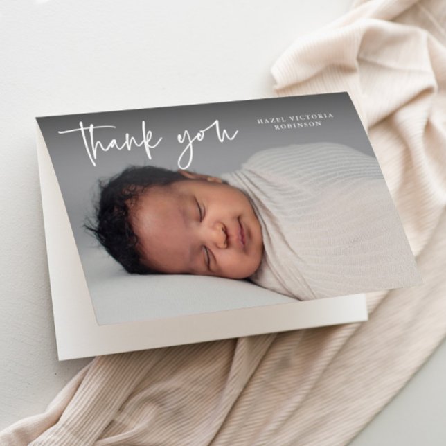 Carte De Remerciements Script moderne Photo religieuse Baptême (Modern script typography overlay photo baptism thank you card.)