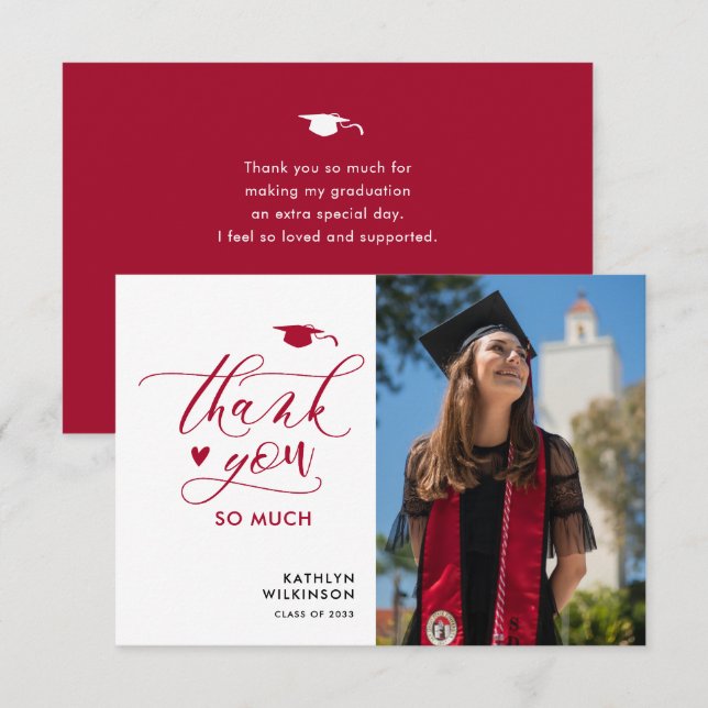 Carte De Remerciements Script moderne rouge élégant Photo Simple Graduati (Devant / Derrière)