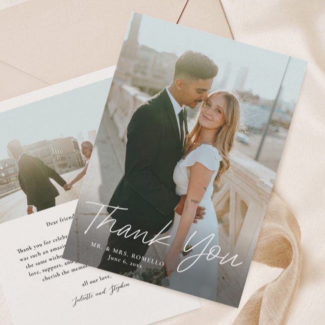 Carte De Remerciements Script moderne Simple 2 Mariage photo (Handwritten script 2 photo wedding thank you cards.)