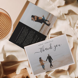 Carte De Remerciements Script noir minimaliste avec 2 mariage photo