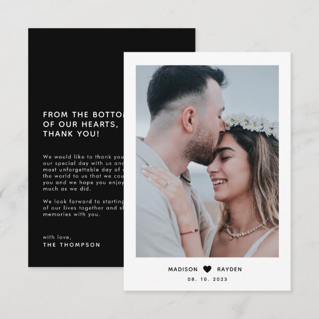 Carte De Remerciements Script noir photo classique avec Mariage de coeur (Devant / Derrière)