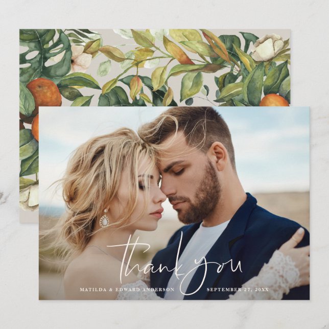 Carte De Remerciements Script photo mariage remerciement botanique d'agru (Devant / Derrière)