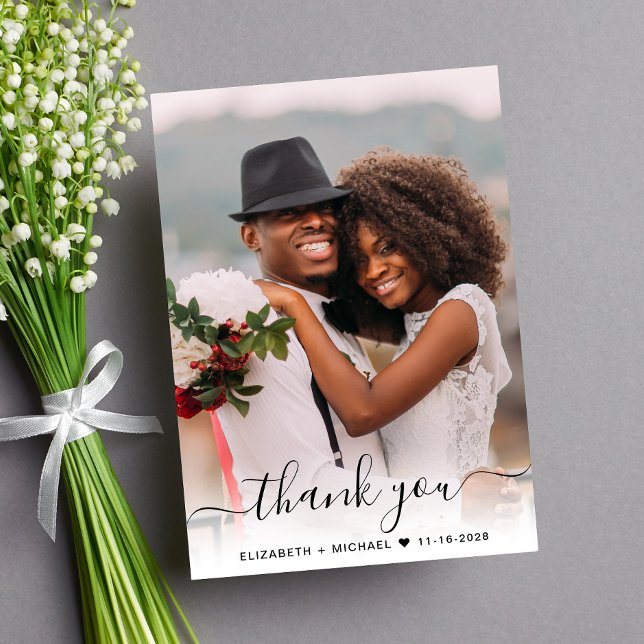 Carte De Remerciements Script Photo Overlay Cream Mariage (Celebrate your love story with a thank you card showcasing your favorite wedding day photo)