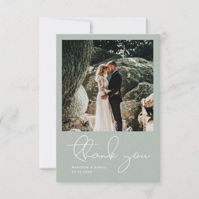 Carte De Remerciements Script Photo Simple Bleu Mariage Moderne Minimalis (Devant)