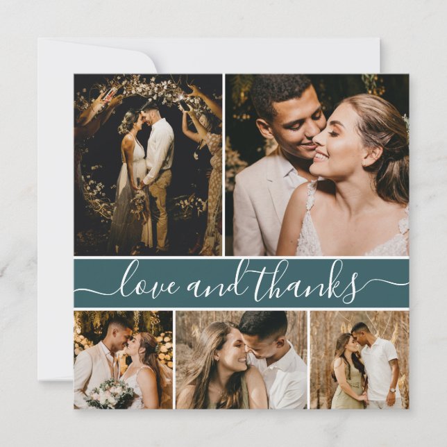 Carte De Remerciements Script romantique Turquoise 5 Photo Collage Mariag (Devant)