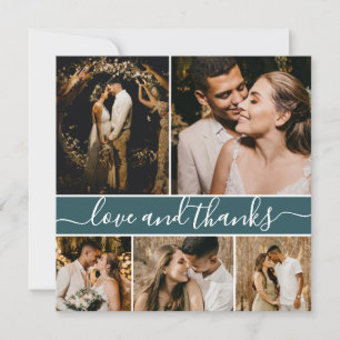 Carte De Remerciements Script romantique Turquoise 5 Photo Collage Mariag