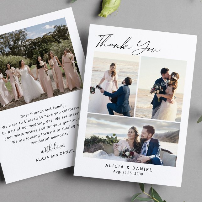 Carte De Remerciements Script simple moderne 4 photo collage mariage (Créateur téléchargé)