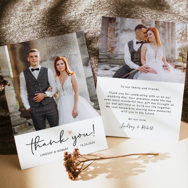 Carte De Remerciements Script simple moderne Love Heart Mariage Photo que (Créateur téléchargé)