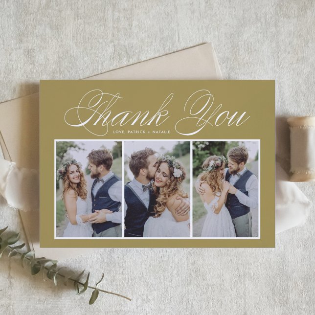 Carte De Remerciements Script Trois Photo Collage Mariage Or (Créateur téléchargé)