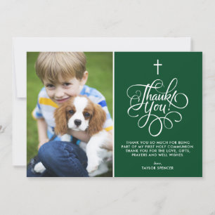 Carte De Remerciements Script Whimsical Green First Holy Communion Photo