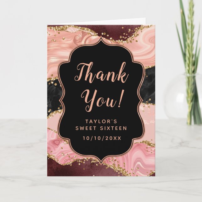 Carte De Remerciements Séquins noirs et roses Agate Sweet sixteen (Devant)