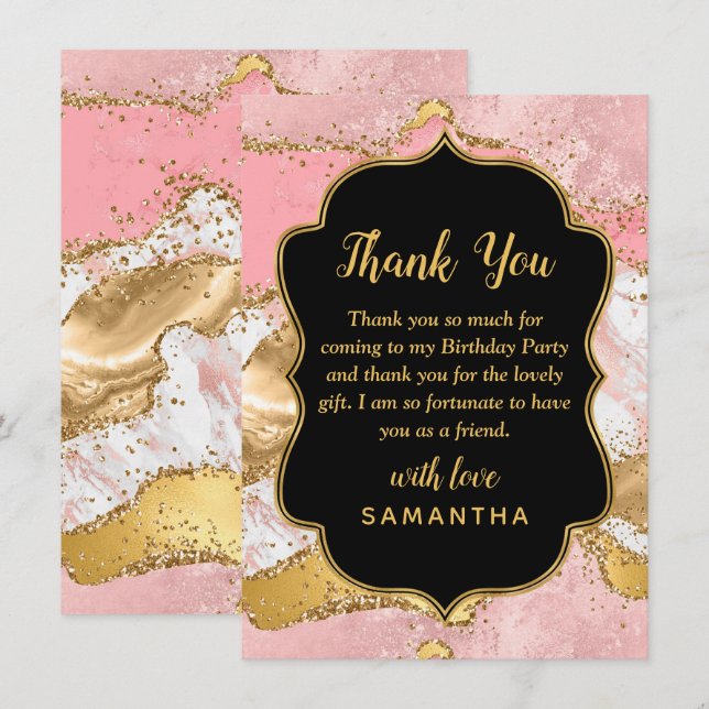 Carte De Remerciements Séquins or et rose Agate Anniversaire (Devant / Derrière)