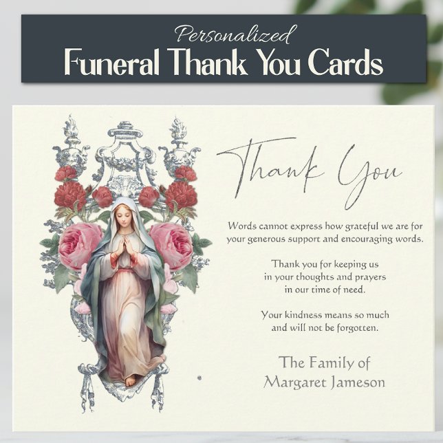 Carte De Remerciements Service funéraire religieux catholique Mary (Traditional Catholic Blessed Virgin Mary Floral Funeral Thank you Condolence Cards)