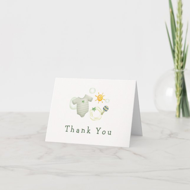 Carte De Remerciements Sexe Neutre Sage Vert Vêtements bébé Jouets Douche (Devant)