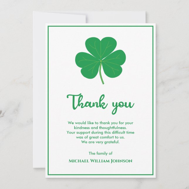 Carte De Remerciements Shamrock Blanc Et Vert Clover Irlandais Funéraille (Devant)