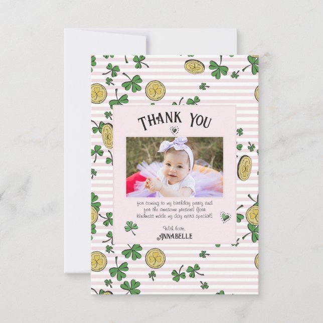 Carte De Remerciements Shamrocks irlandais rose et Anniversaire de enfant (Devant)
