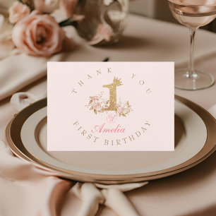 Carte De Remerciements Shine Pink Gold Crown Princesse 1er anniversaire
