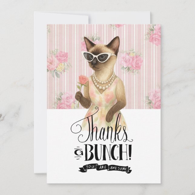 Carte De Remerciements Siamese Cat is holding flower pink rose (Devant)