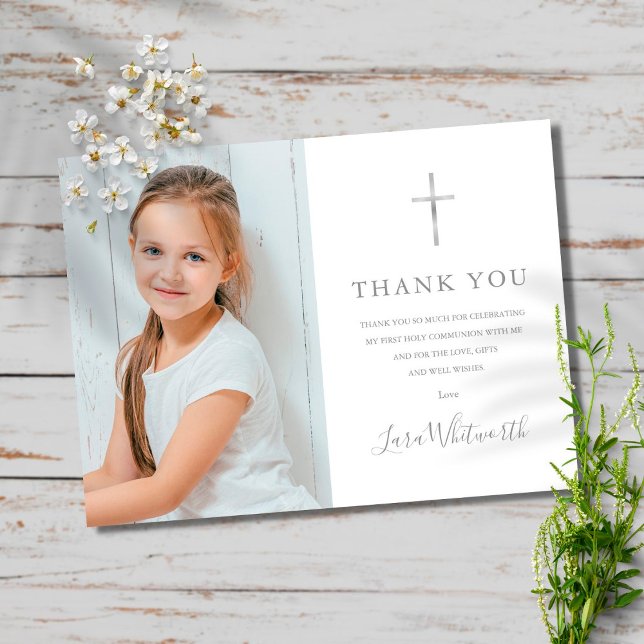 Carte De Remerciements Signature Argent Photo Première communion sainte (Créateur téléchargé)