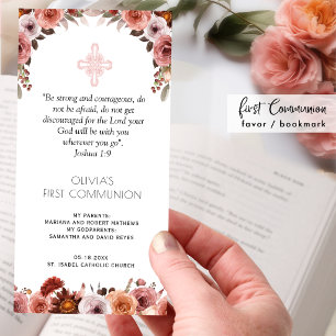Carte De Remerciements Signet de première communion floral rose blush