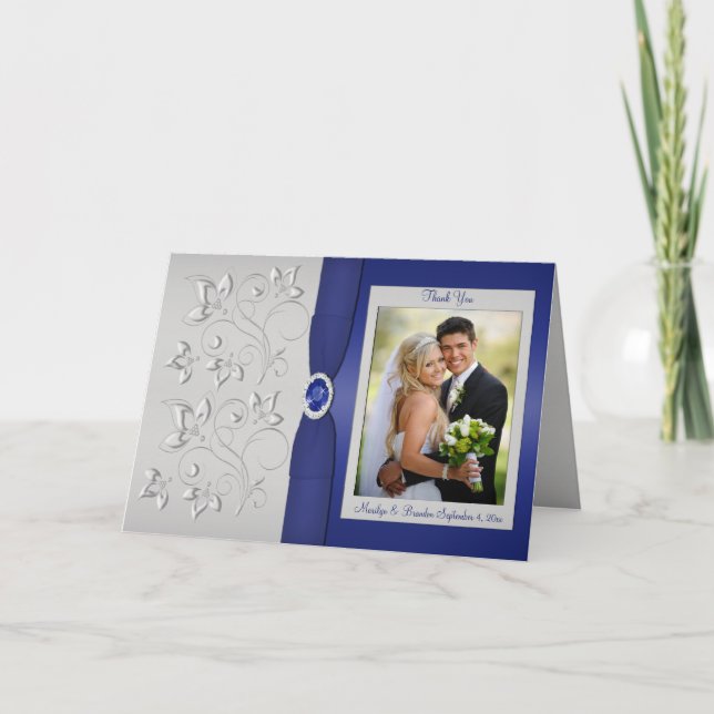 Carte De Remerciements Silver and Navy Photo Thank You Card (Devant)