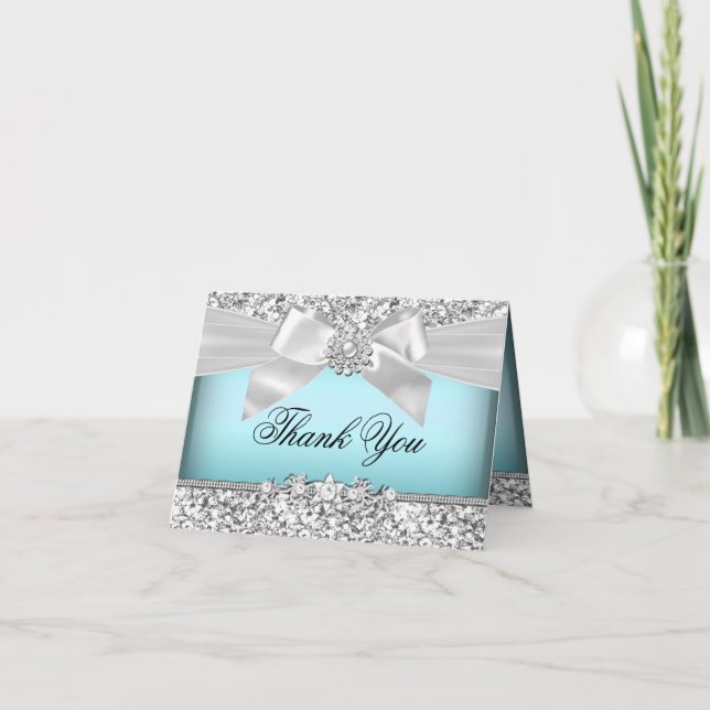 Carte De Remerciements Silver Blue Glitter et Jewel Bow Thank You Card (Devant)