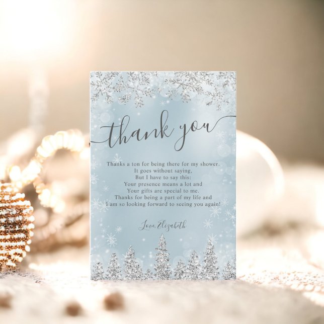 Carte De Remerciements Silver glace bleu neige de pin nuptiale d'hiver (Silver ice blue snow pine winter bridal shower thank you card)