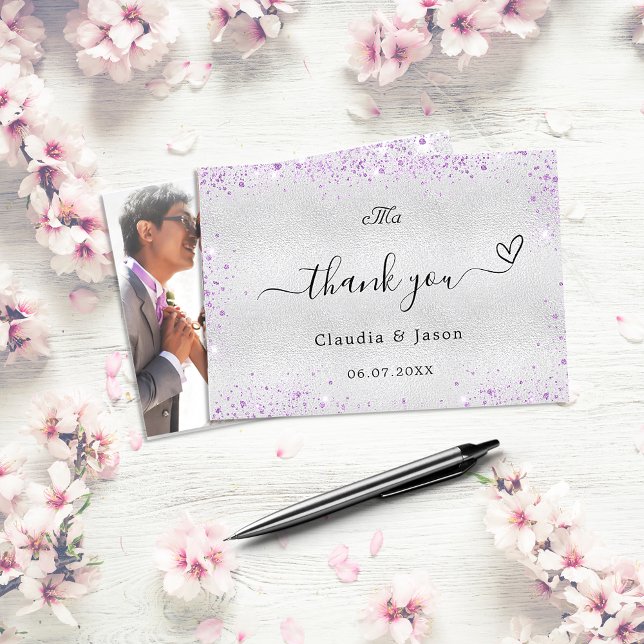 Carte De Remerciements Silver violet photo élégant mariage (Créateur téléchargé)