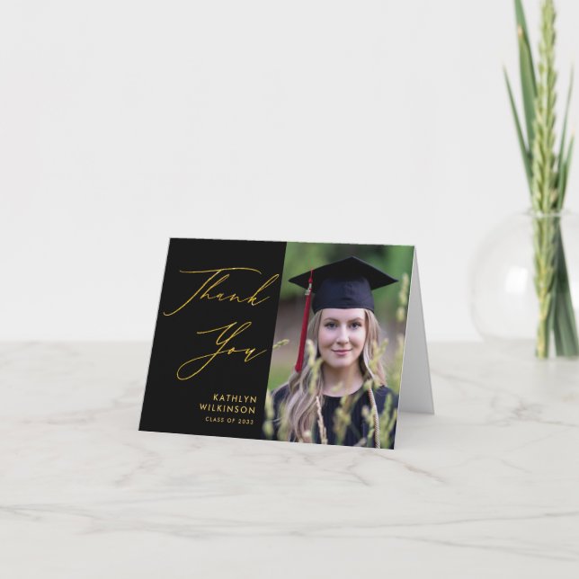 Carte De Remerciements Simple Black Elegant Gold Script Photo Graduation (Devant)
