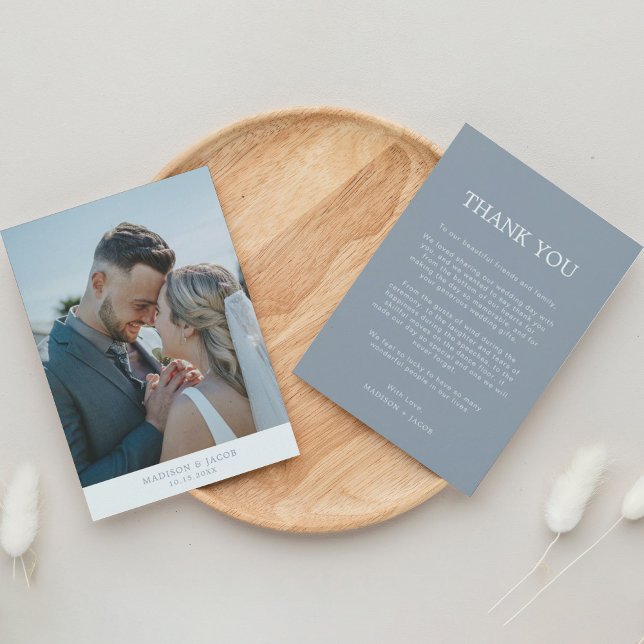 Carte De Remerciements Simple Bleu Poussiéreux Avec Photo Mariage (Créateur téléchargé)