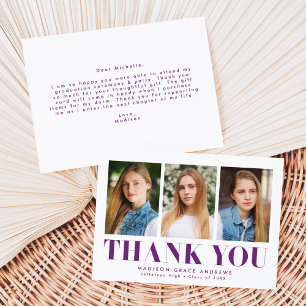 Carte De Remerciements Simple Bold Purple 3 Photo Graduation